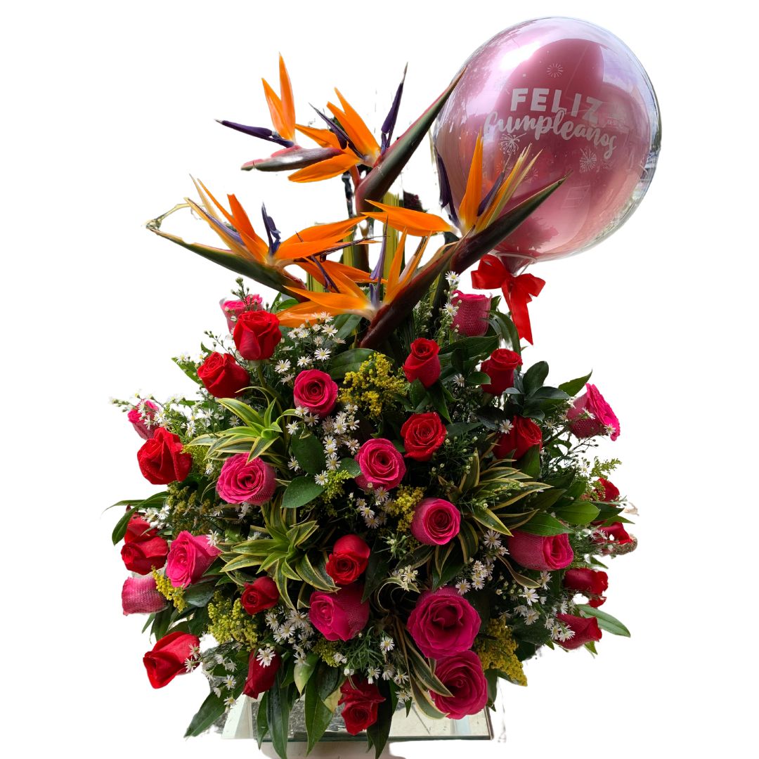 Arreglo triangular con rosas rojas y aves del paraíso