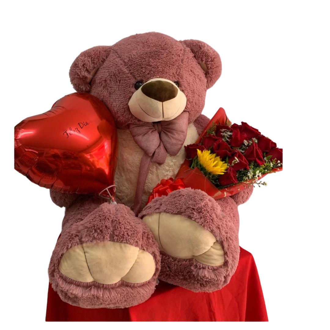 Oso gigante de peluche con rosas y globo metalizado