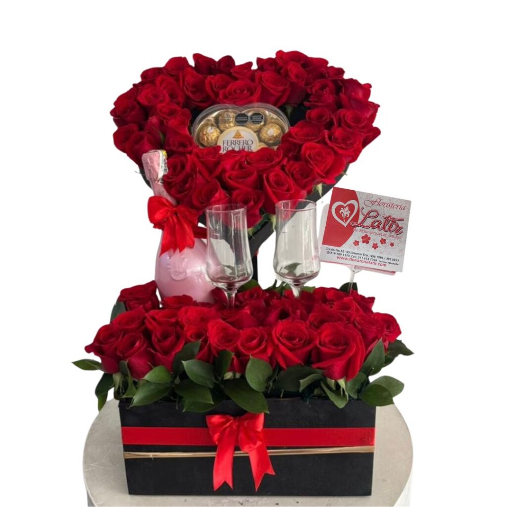 Corazón de rosas rojas con chocolates Ferrero, vino JP. CHENET y copas