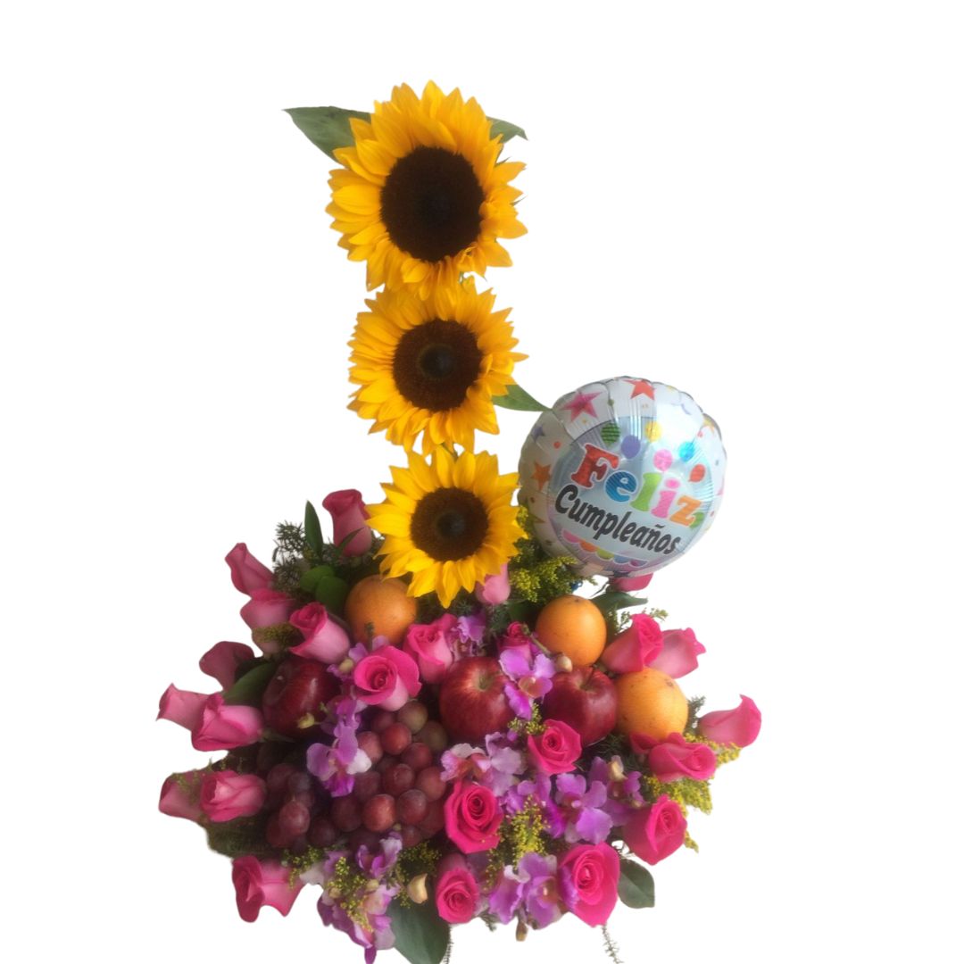 Frutero con rosas fucsias, girasoles y globo metalizado
