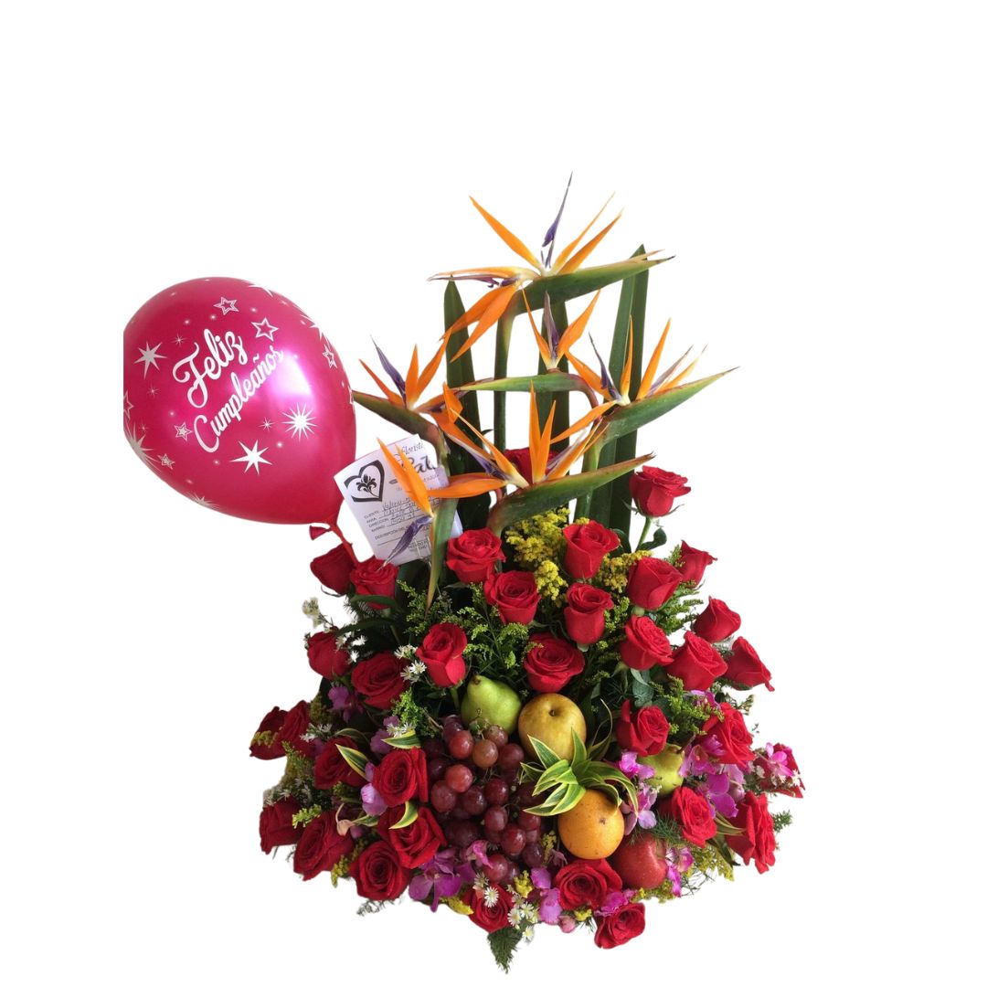 Frutero tropical con aves del paraíso, rosas rojas y orquídeas hawaianas