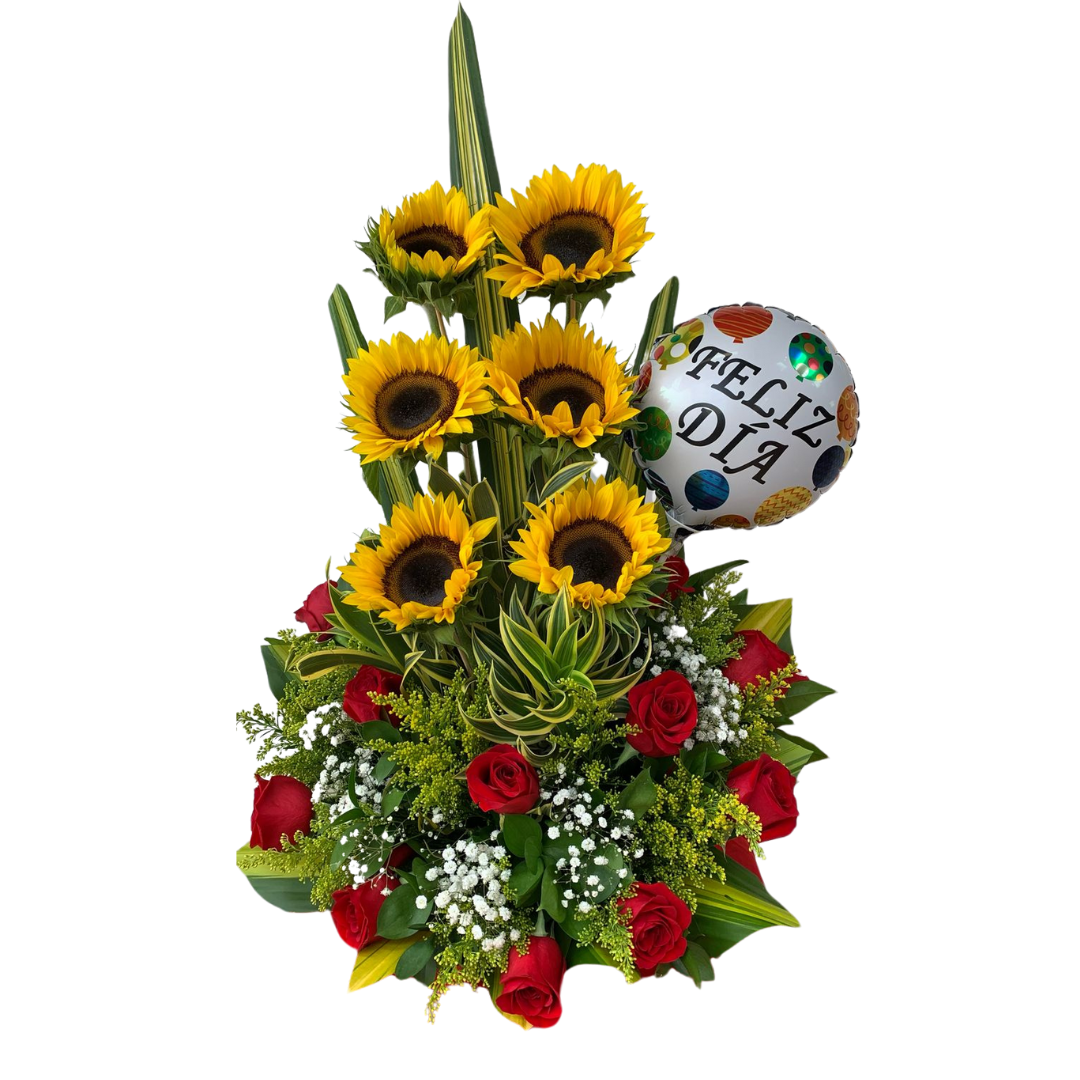 Arreglo lineal con girasoles, rosas rojas y globo metalizado