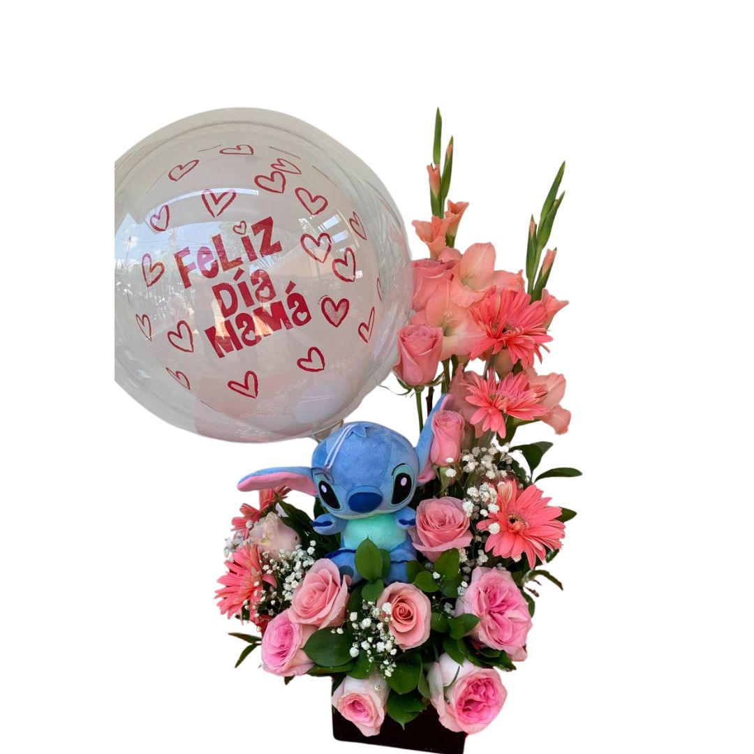Cubo con rosas, gerberas, gladiolos, globo burbuja y peluche Stitch