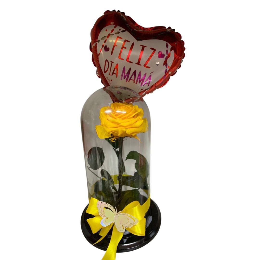 Rosa preservada amarilla con globo metalizado decorativo