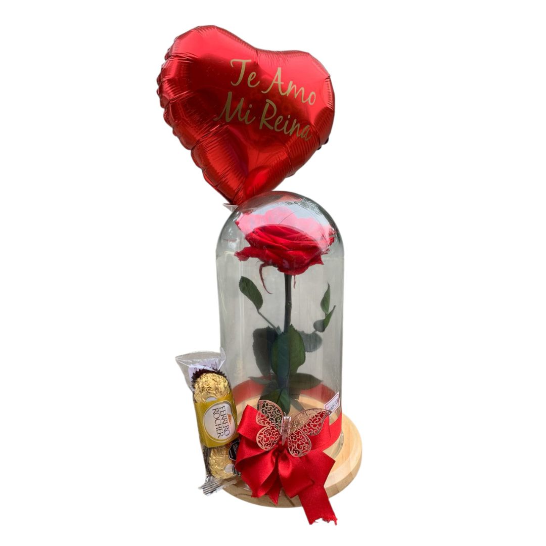 Rosa roja preservada con globo decorativo