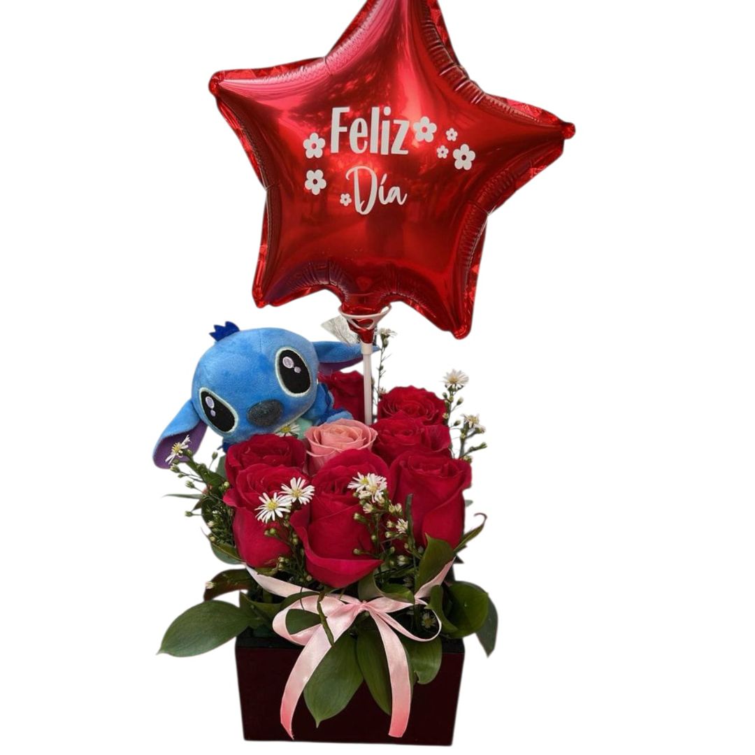 Cubo con rosas rojas, peluche Stitch y globo metalizado