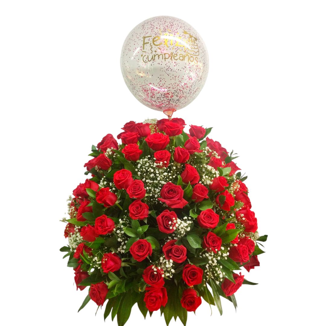 Arreglo redondo con rosas rojas y globo burbuja