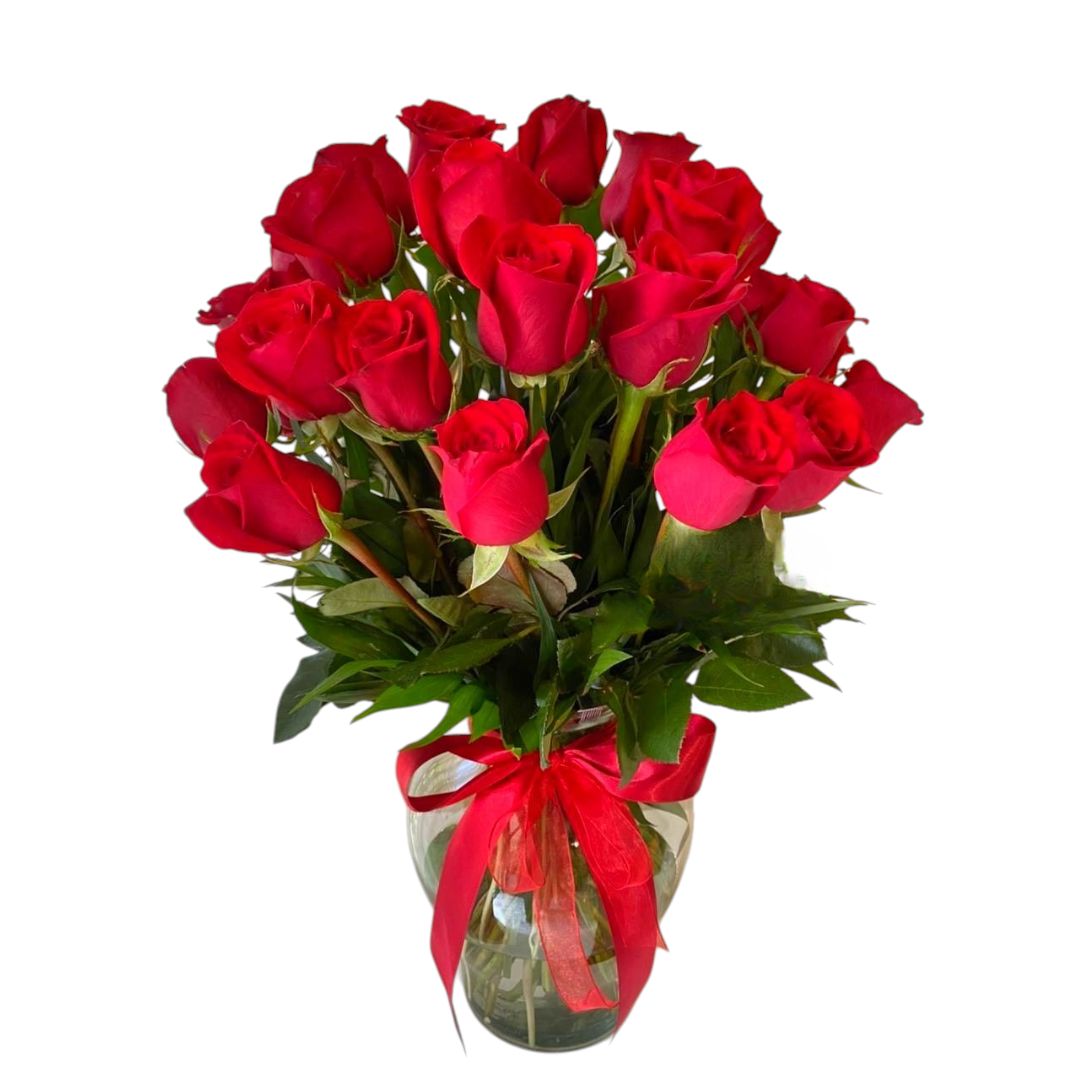 Jarrón con 24 rosas rojas frescas