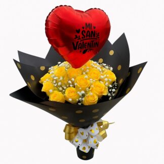 Buchón de rosas amarillas con perlas y globo metálico en papel coreano