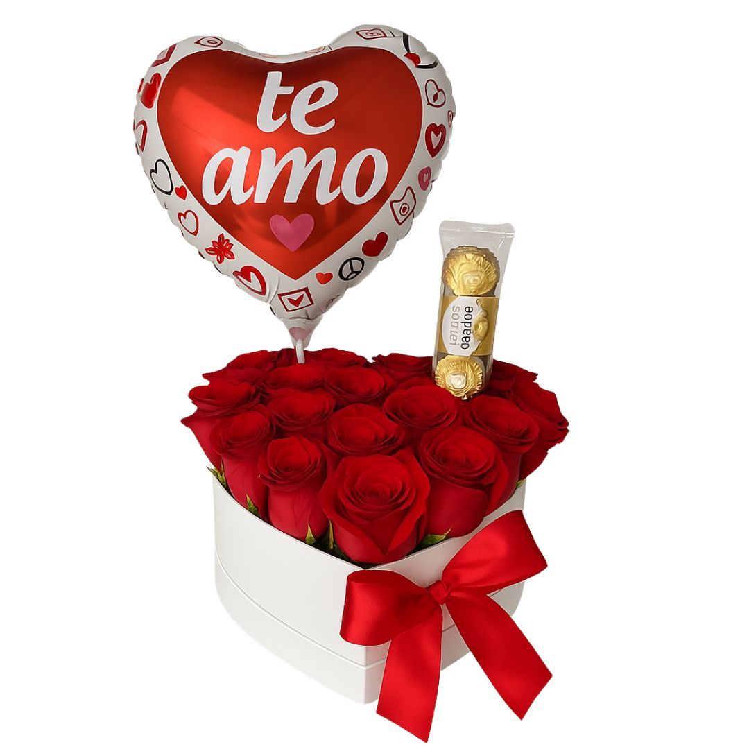 Corazón de rosas rojas con Ferrero Rocher y globo metálico “Te Amo”