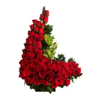 Media luna de rosas rojas para homenaje floral