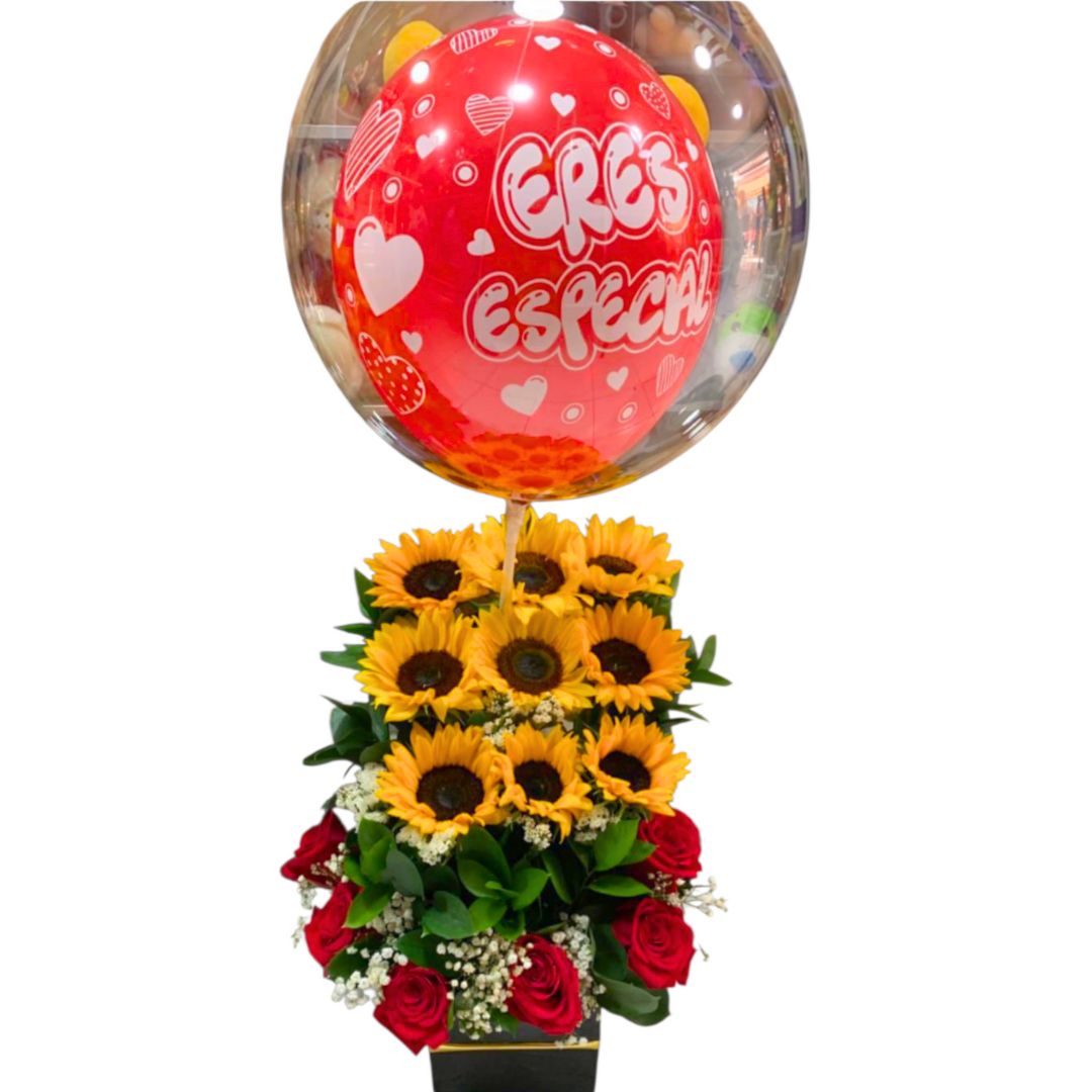 Arreglo lineal con girasoles, rosas frescas y globo burbuja
