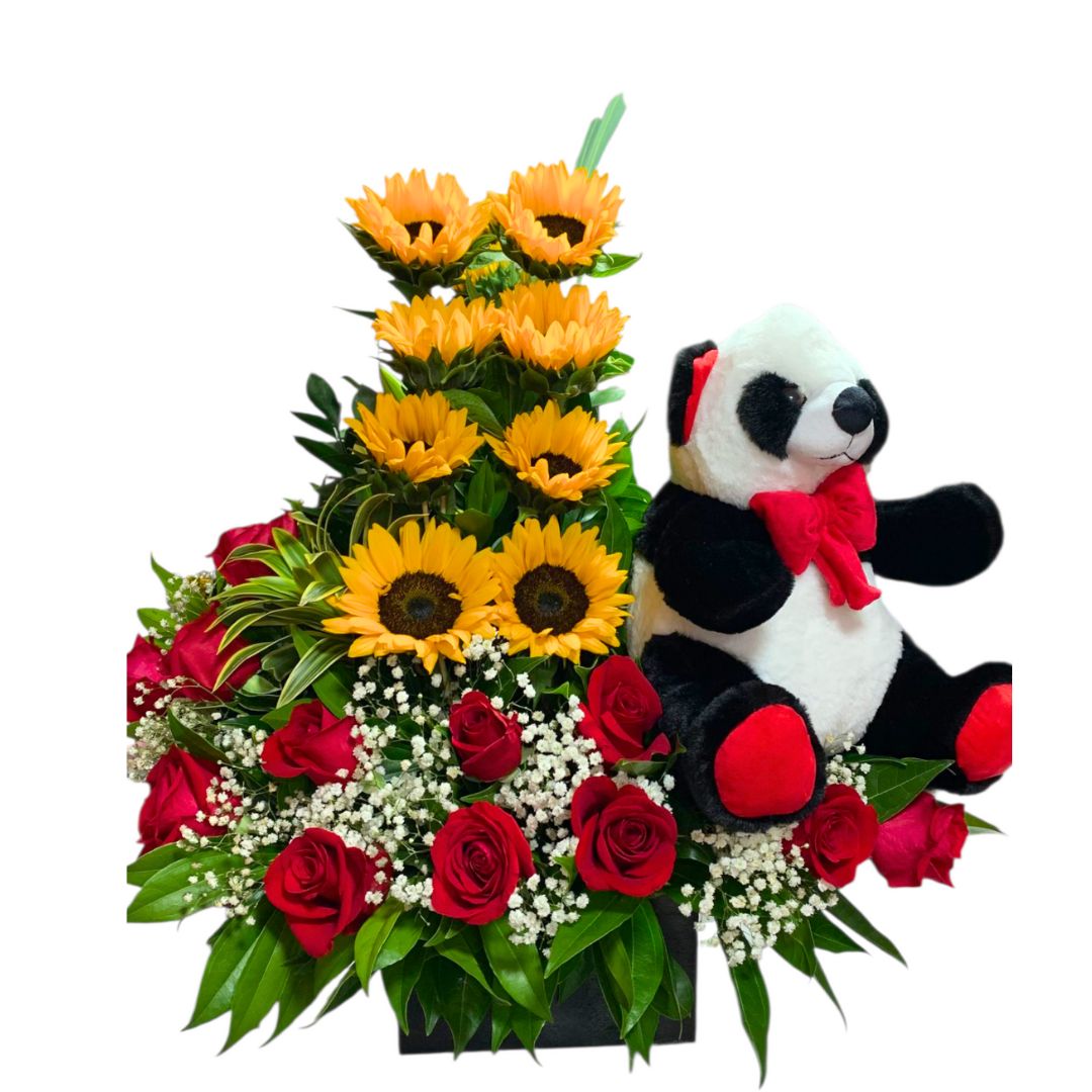 Arreglo lineal con girasoles, rosas rojas y peluche de oso panda
