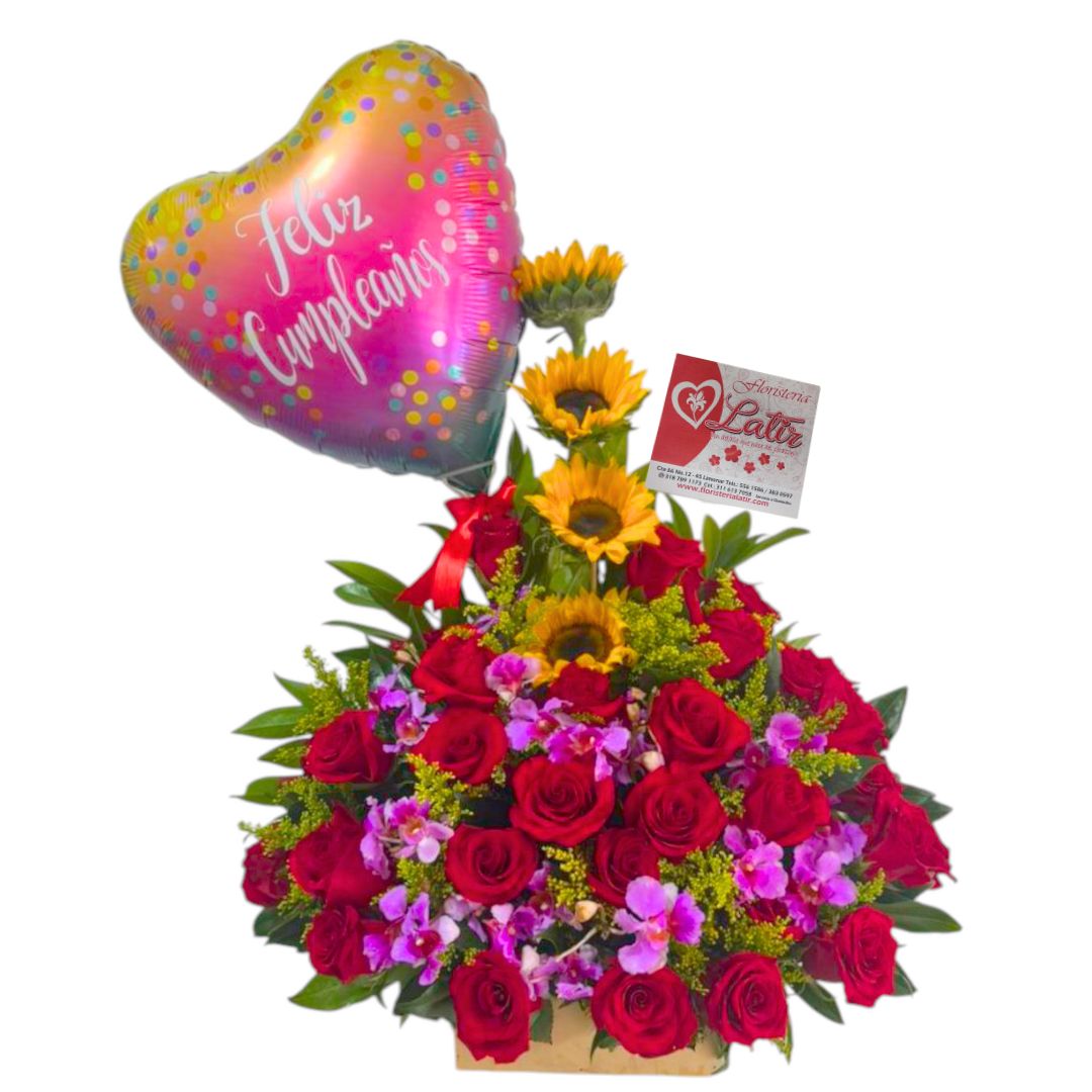 Arreglo floral con rosas rojas, orquídea, girasoles y globo metálico