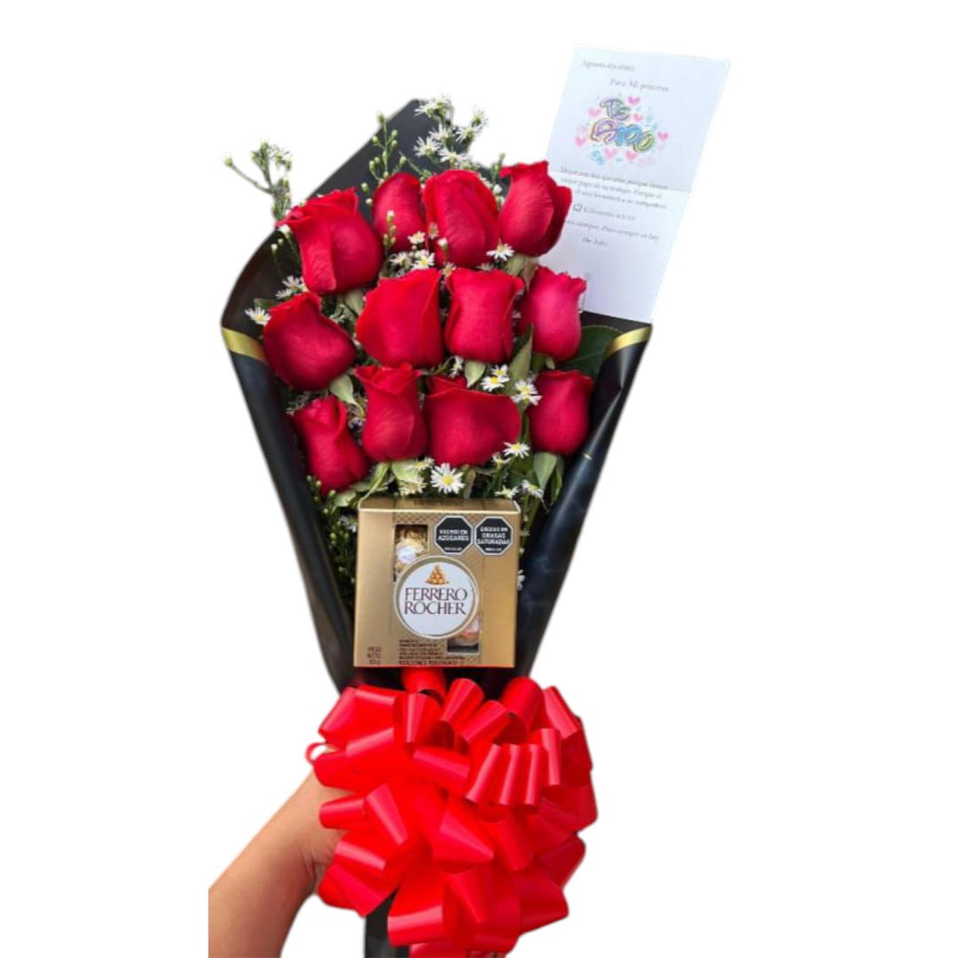 Bouquet de rosas rojas con Ferrero Rocher y moño elegante