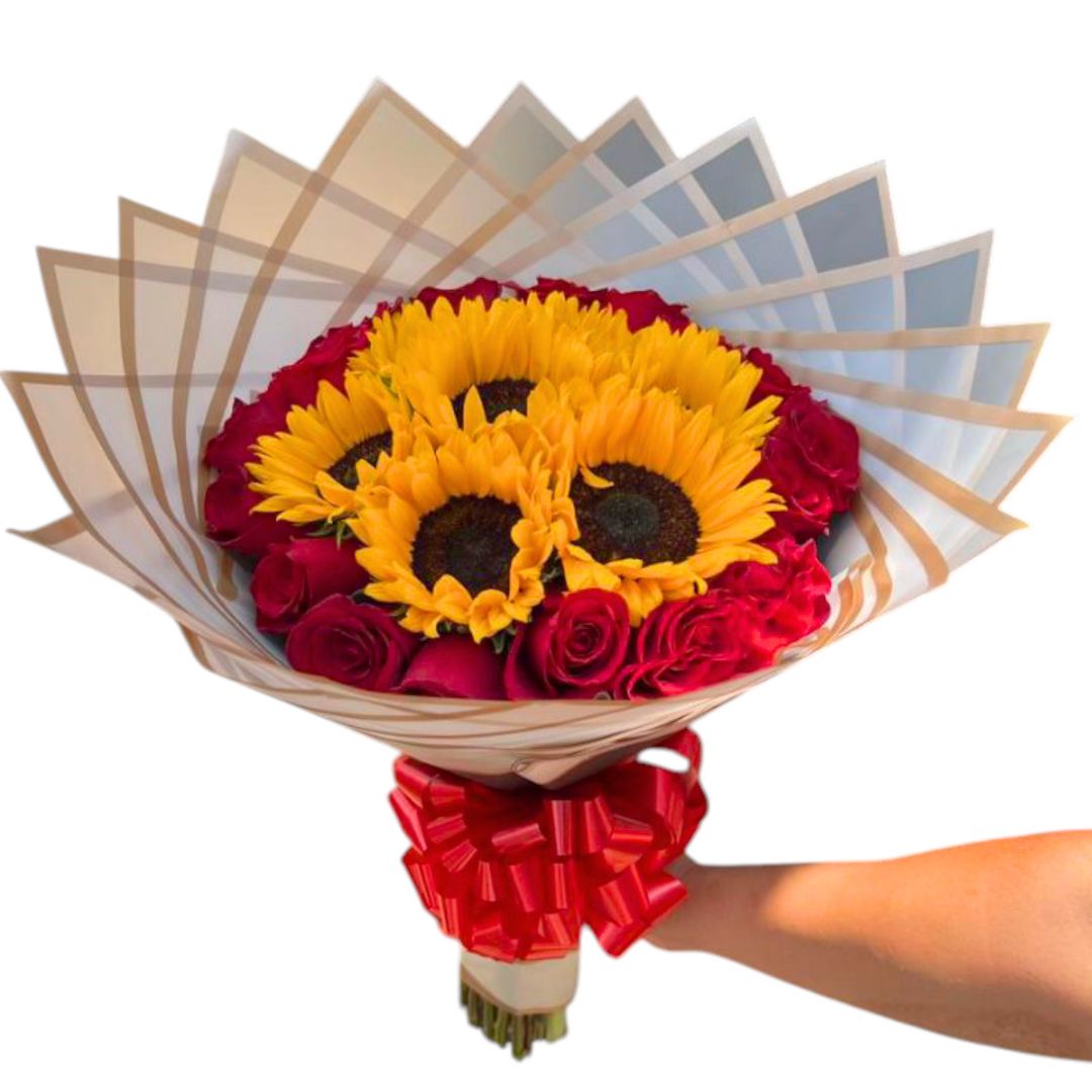 Buchón de rosas y girasoles en papel coreano