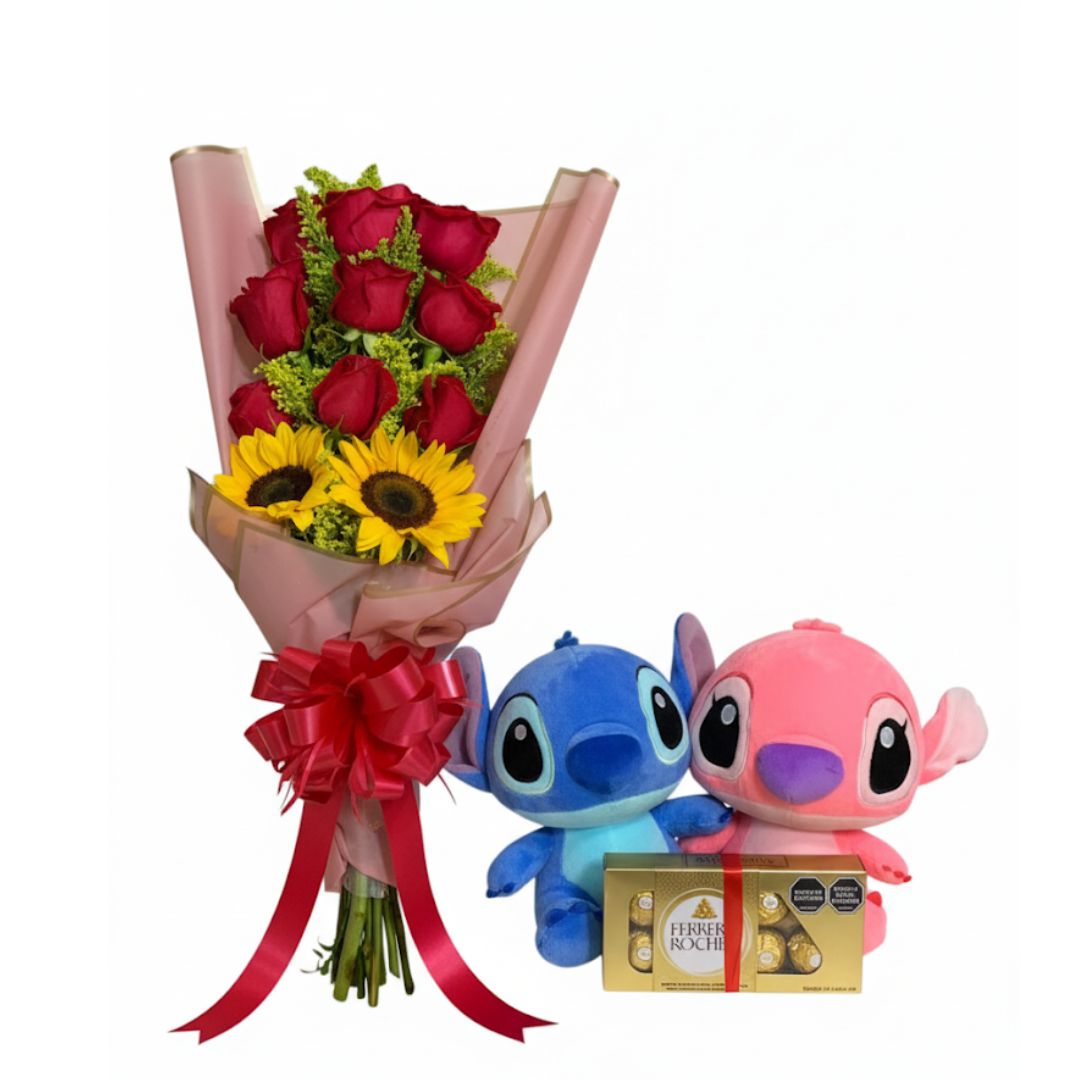 Bouquet de rosas rojas y girasoles con peluches Stitch y chocolates Ferrero Rocher