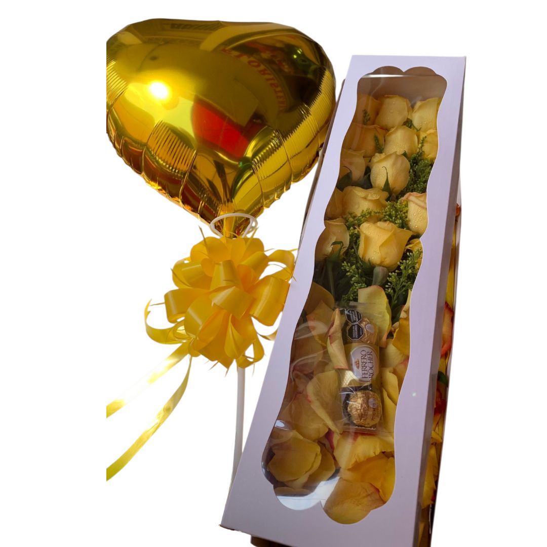 Caja de rosas amarillas con Ferrero Rocher y globo metálico