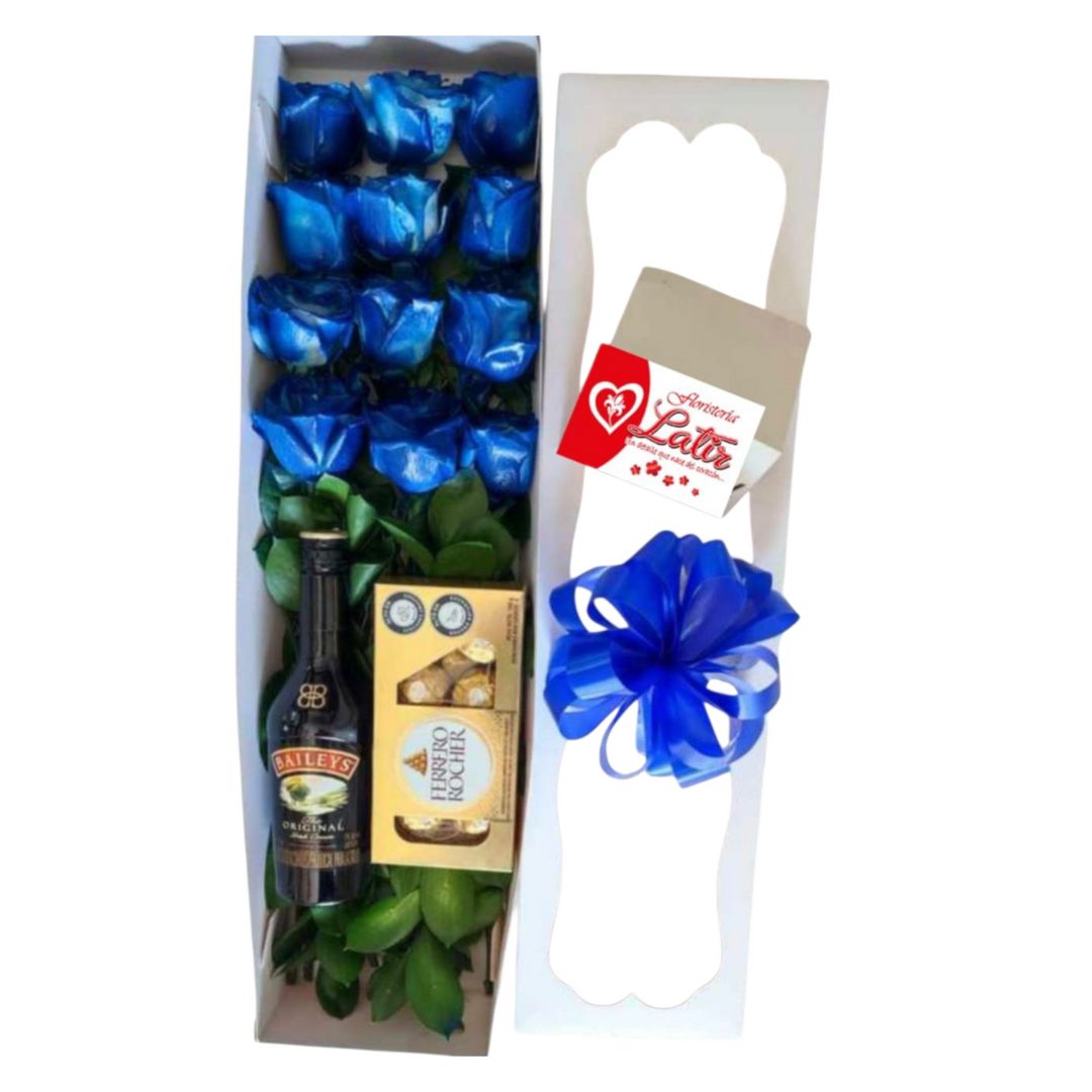 Caja de rosas azules con Baileys y chocolates Ferrero Rocher