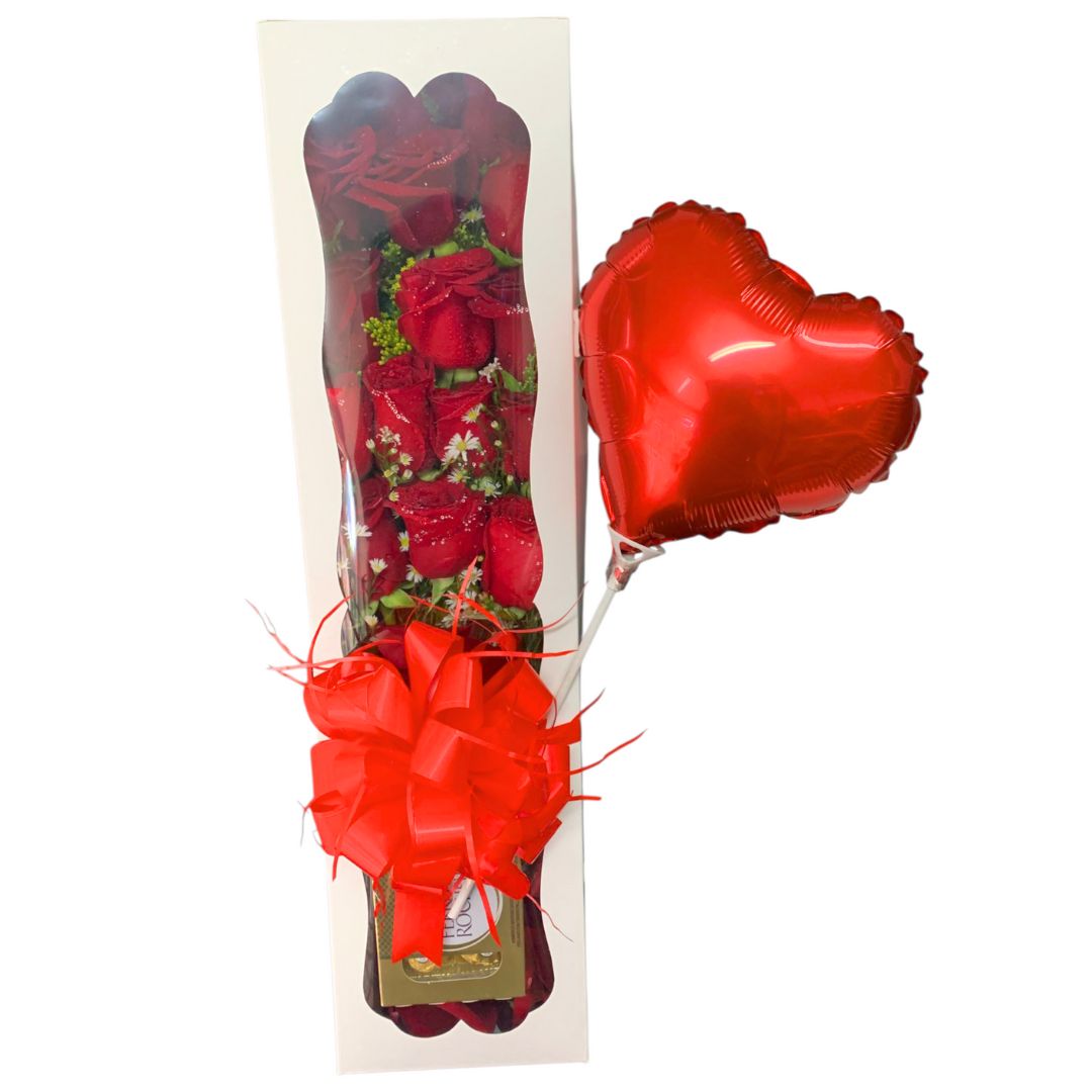 Caja de rosas rojas con Ferrero Rocher y globo metálico