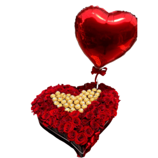 Corazón de 100 Rosas Rojas con Ferrero Rocher y Globo Metálico – Detalle Impactante y Romántico