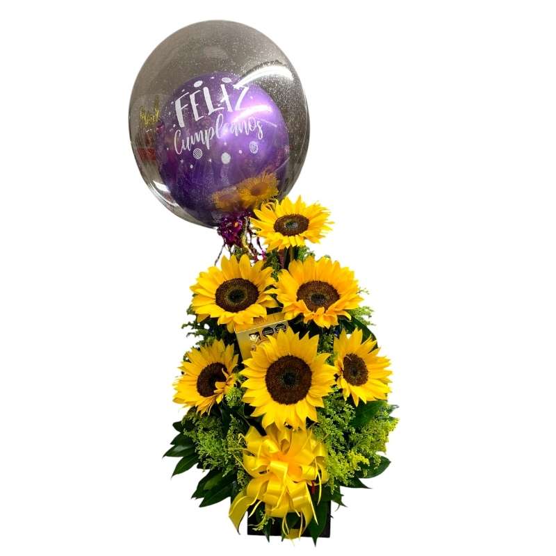 Arreglo de girasoles con Ferrero Rocher y globo burbuja