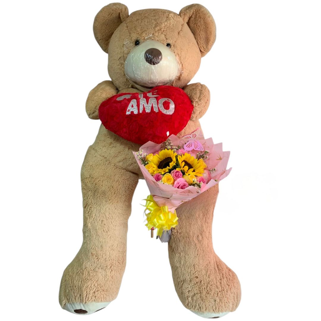 Oso de peluche de 1 metro con buchón de girasoles y rosas surtidas