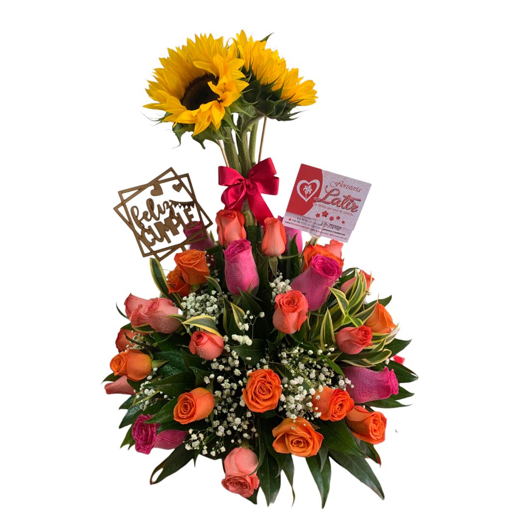 Arreglo de girasoles y rosas multicolor con topper "Feliz Cumpleaños".