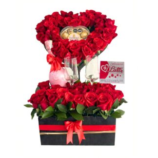 Caja Deluxe Corazón de Rosas Rojas con Chocolates Ferrero y Copas – Detalle Exclusivo
