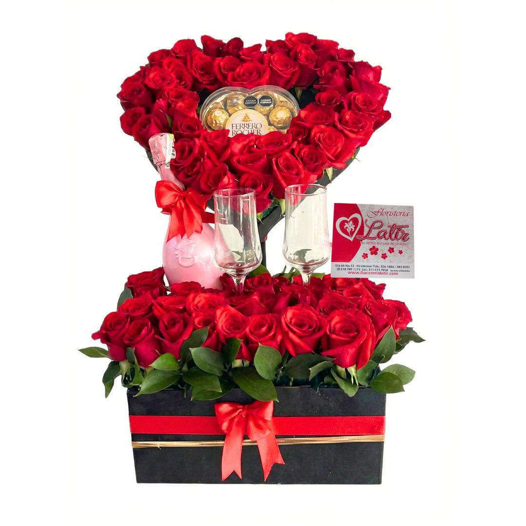 Caja Deluxe Corazón de Rosas Rojas con Chocolates Ferrero y Copas – Detalle Exclusivo