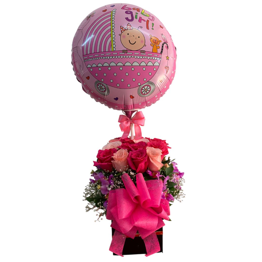 Arreglo floral de bienvenida para bebé niña con rosas y globo Baby Girl.