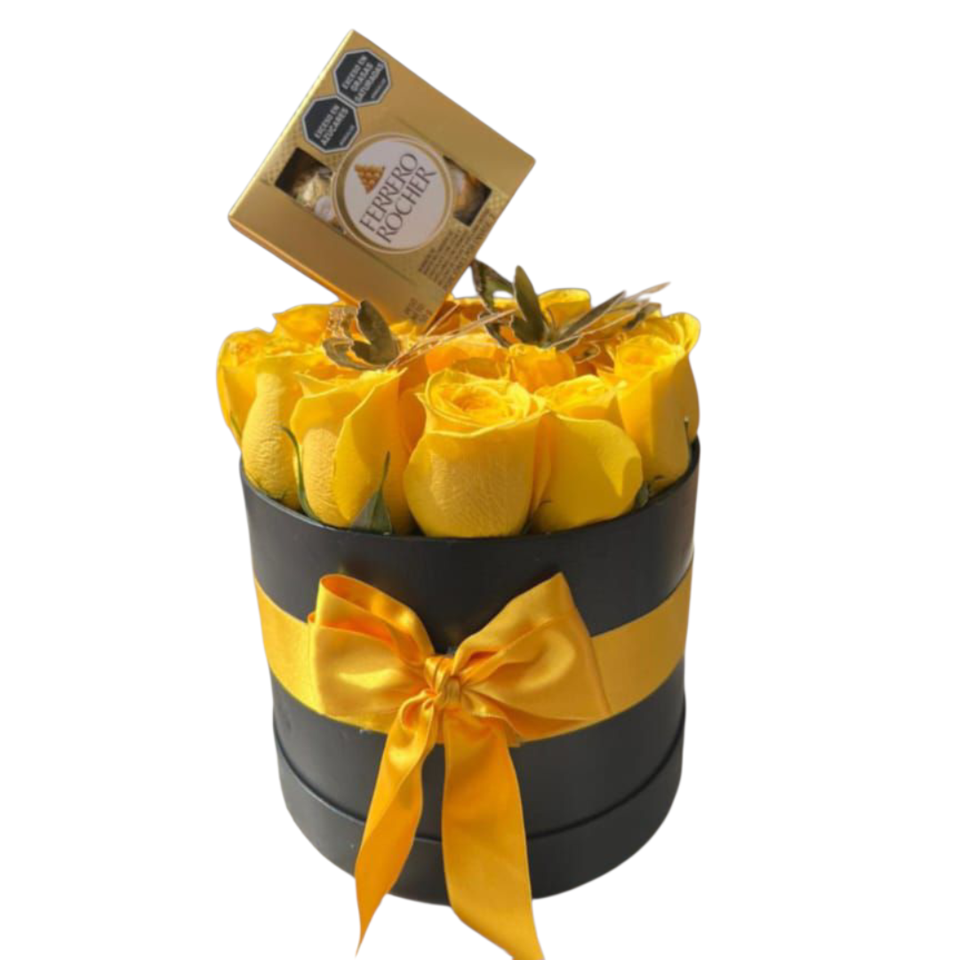 Arreglo cónico de rosas amarillas con chocolates Ferrero Rocher.