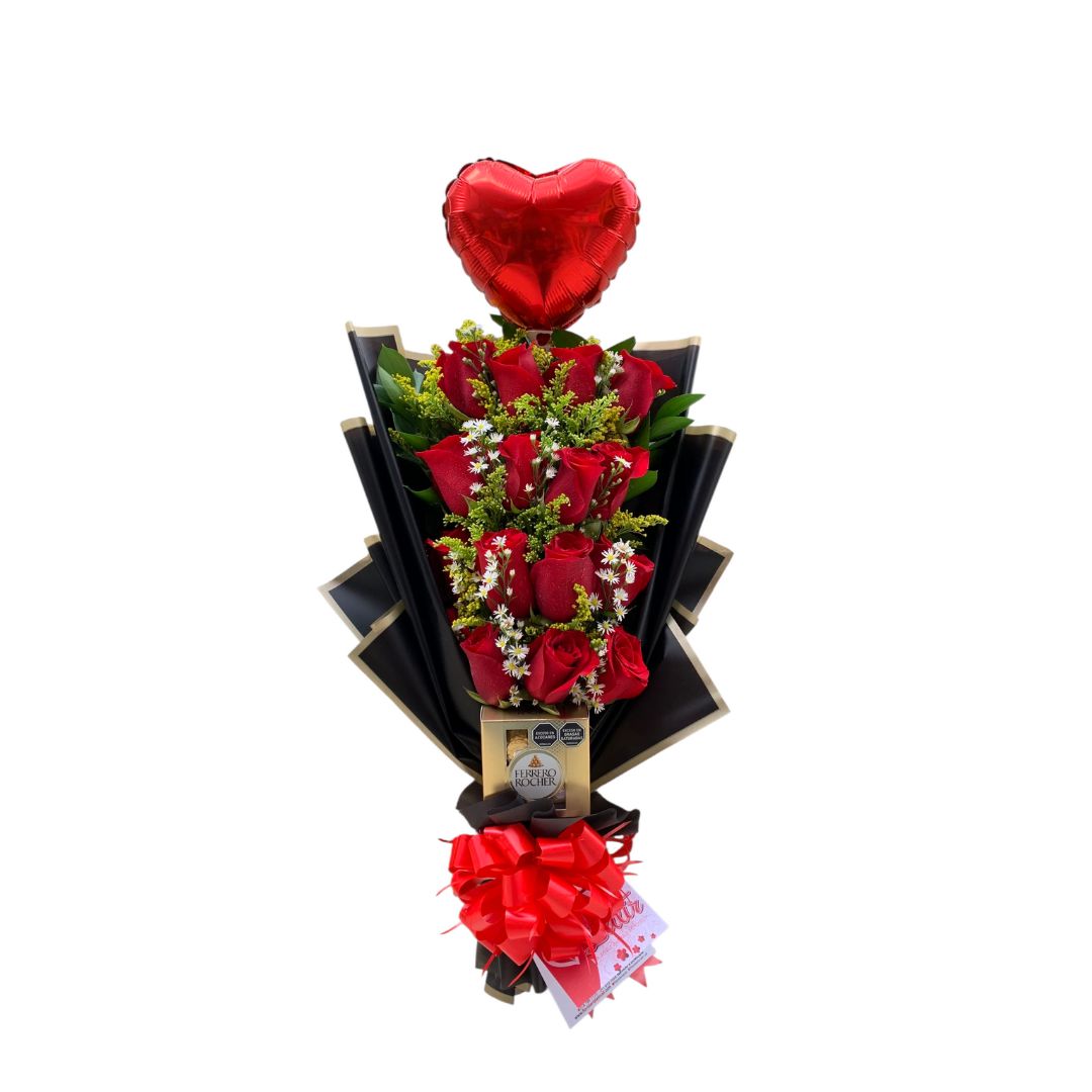 Detalle floral con rosas rojas, perlas, globo metálico y Ferrero Rocher.