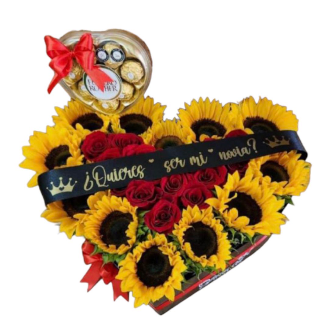 Corazón de girasoles y rosas rojas con cinta y chocolates Ferrero Rocher.