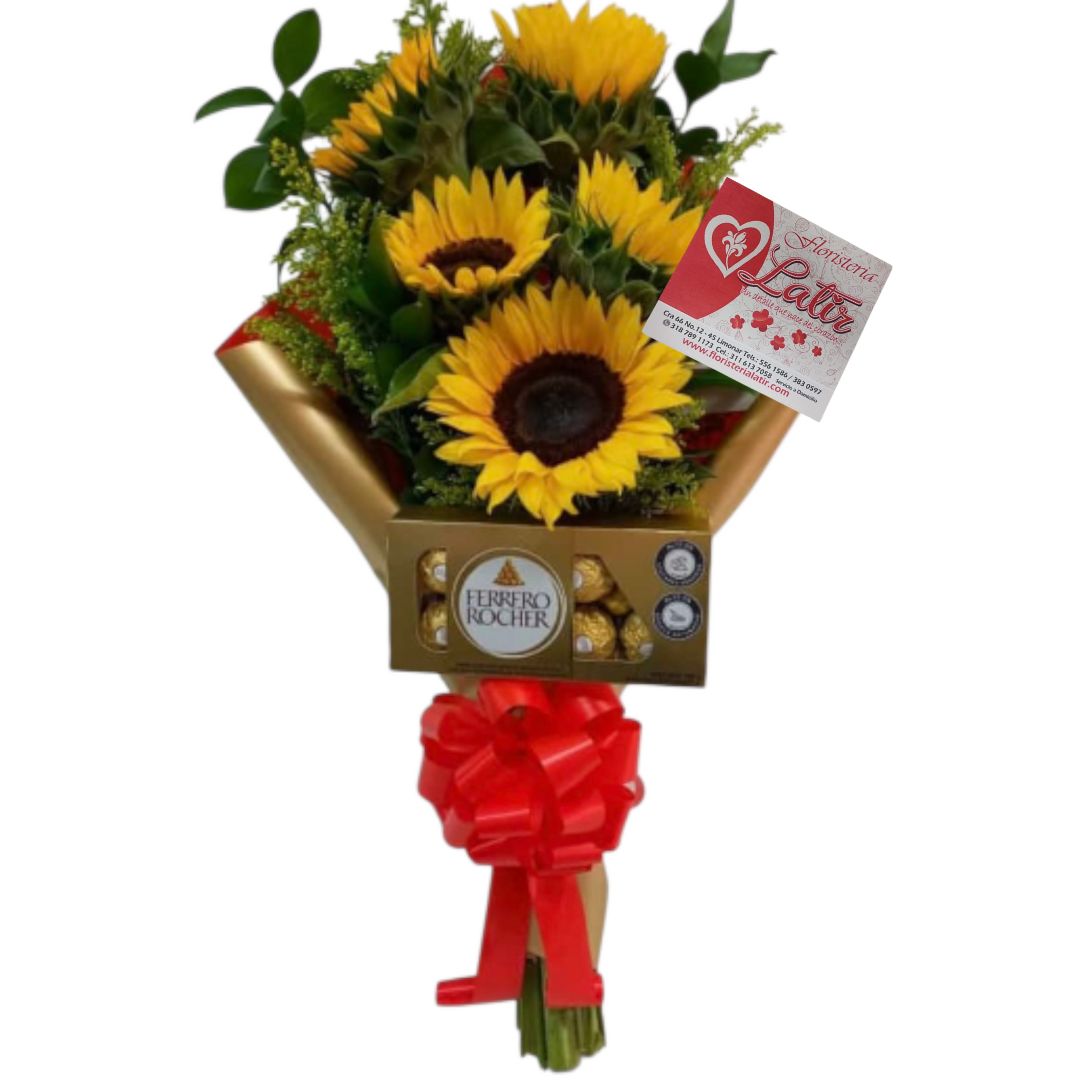 Detalle de girasoles con papel coreano y chocolates Ferrero Rocher.