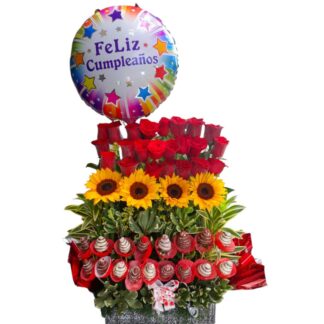 Arreglo lineal de rosas rojas y girasoles con fresas cubiertas de chocolate.