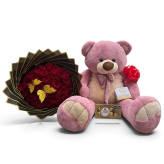 Oso de Peluche con Buchón de Rosas Rojas y Chocolates Ferrero