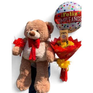 Oso Gigante con Buquet de Rosas y Girasoles, Chocolates Ferrero y Globo de Cumpleaños