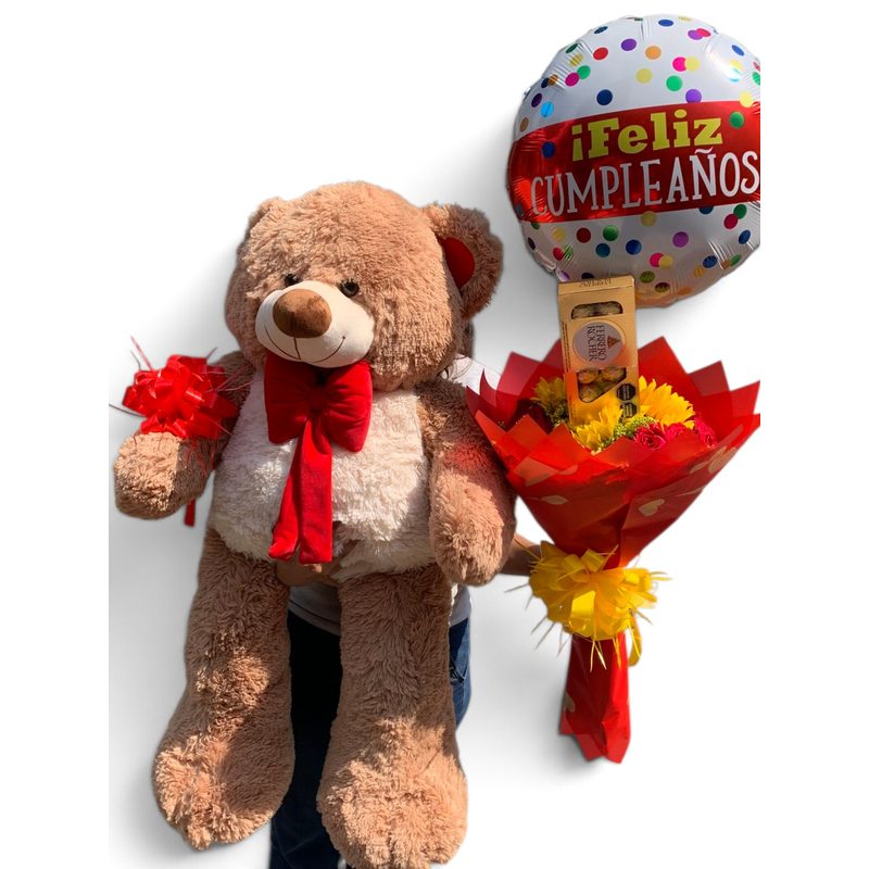 Oso Gigante con Buquet de Rosas y Girasoles, Chocolates Ferrero y Globo de Cumpleaños